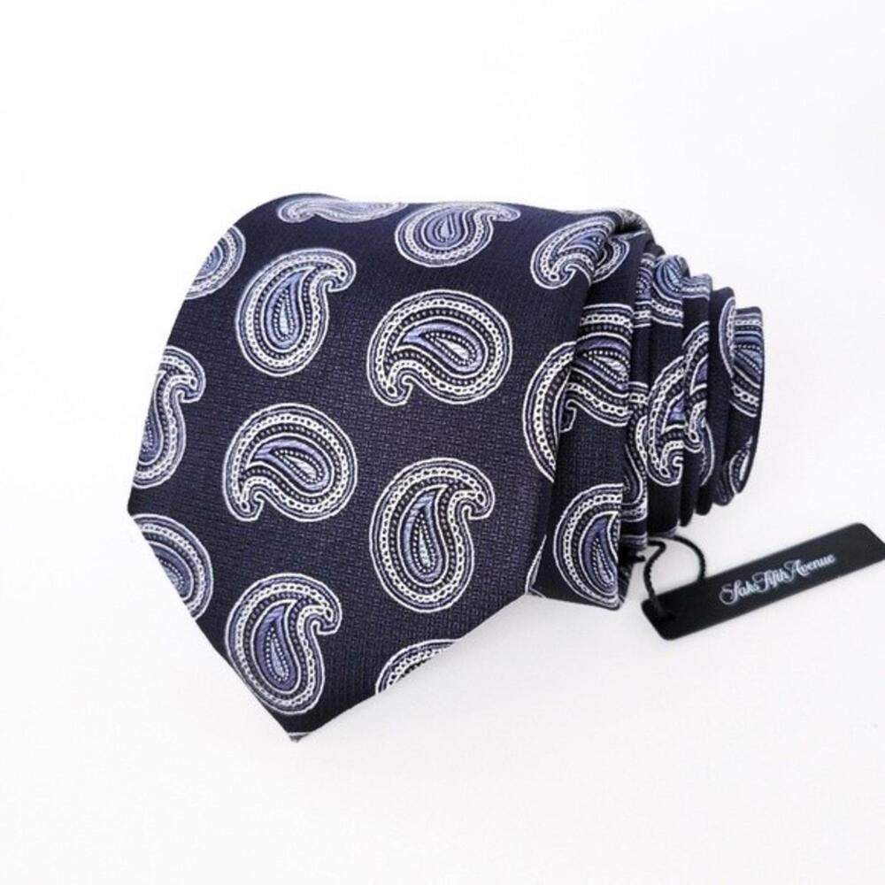 NEW Saks Fifth Avenue Tie Silk Paisley Navy Silver Jacquard Recent Mens